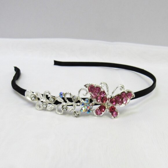 Silver Pink Rhinestone Crystal Butterfly Headband - Picture 1 of 1